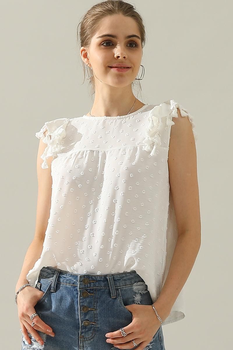 DOT LACE WRINKLED CHEST TASSEL CAP SLEEVE TEE - Doublju