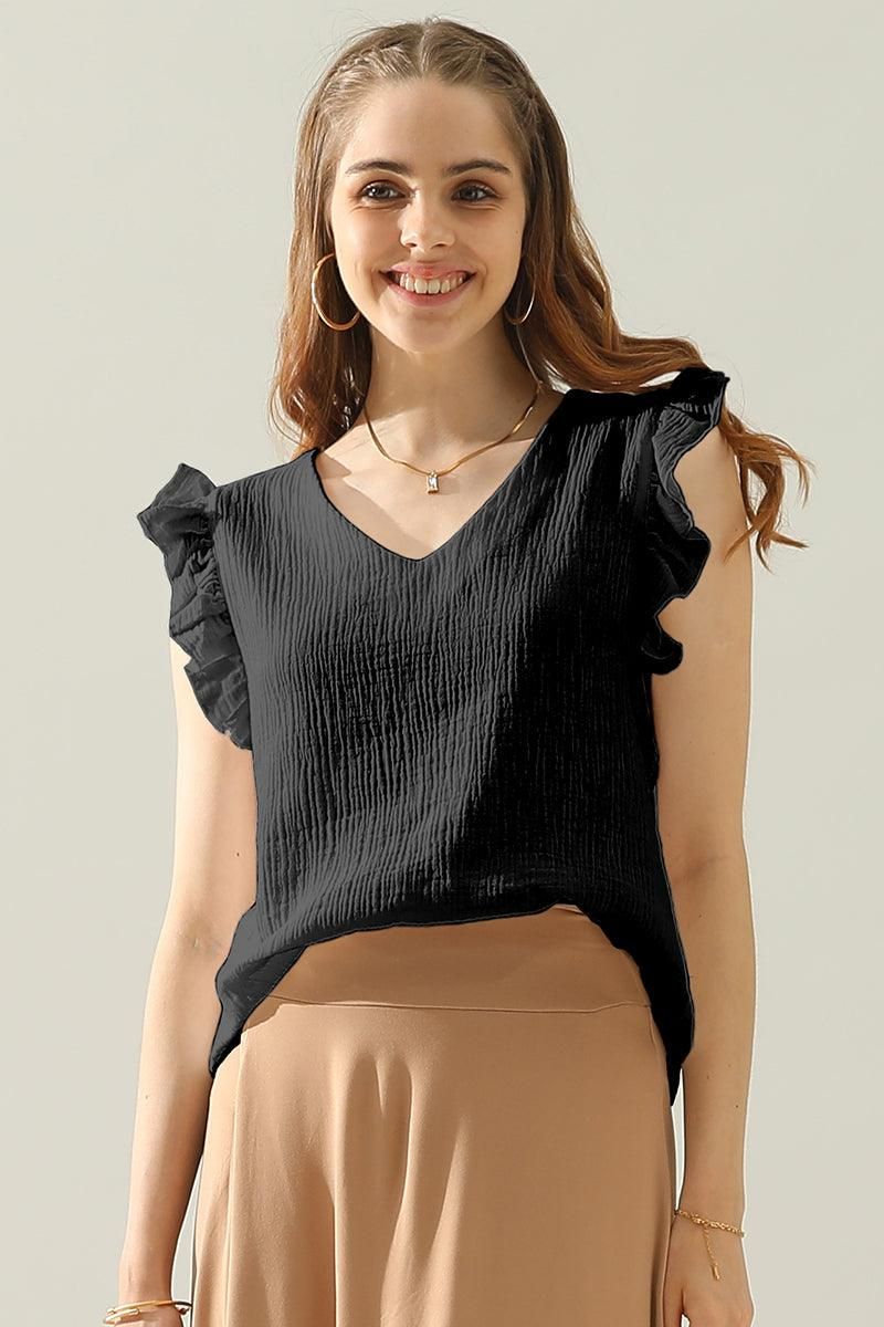 V NECK RUFFLED SLEEVE COTTON TOP - Doublju