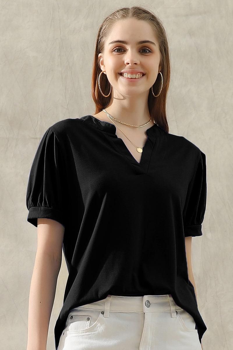 SIMPLE V NECK LOOSE SHORT PUFF SLEEVE TEE - Doublju