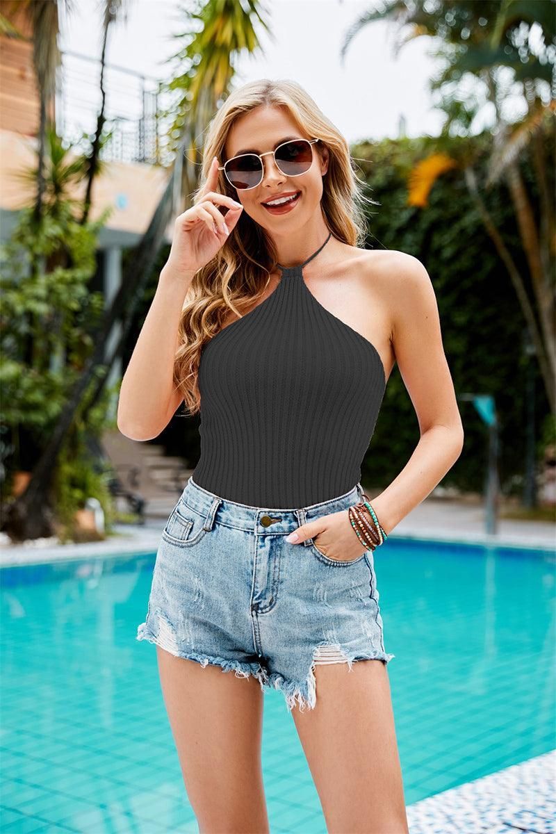 WOMEN HALTER TIED NECK SUMMER KNIT TANK TEE - Doublju